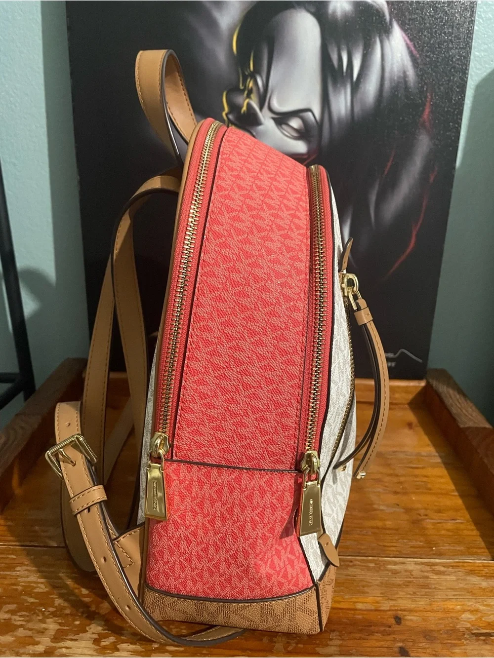 Michael Kors Cream, Red and Brown Signature Logo Backpack